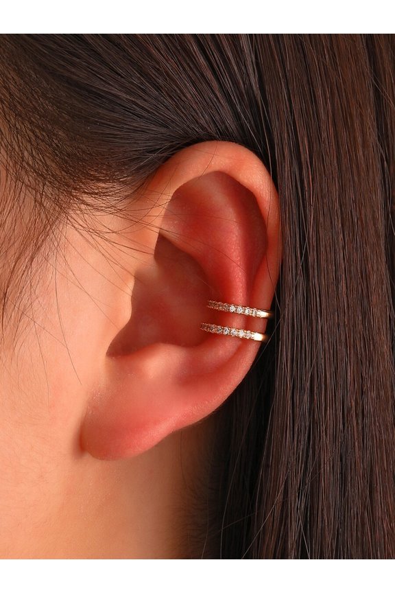 Yellow Gold Rhinestone Double Band Clip-On Ear Cuff For Adults