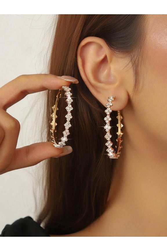 Yellow Gold Rhinestone Geometric Hoop Earrings For Women, Sparkling Round Statement Jewelry For Party Night Out
