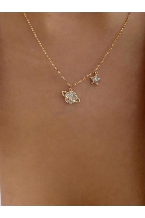 Yellow Gold Rhinestone Planet And Star Charm Pendant Necklace