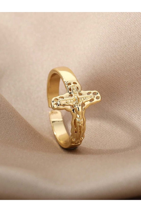 Yellow Gold Sideways Cross Open Ring with Jesus Christ Design Unisex Religious Band Ring