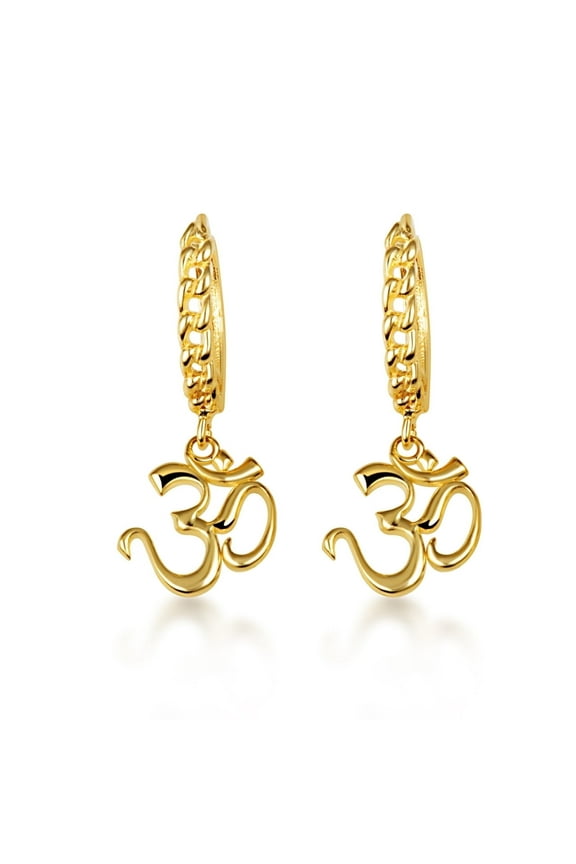 Yellow Gold Spiritual Om Symbol Cuban Link Huggie Earrings (10K)