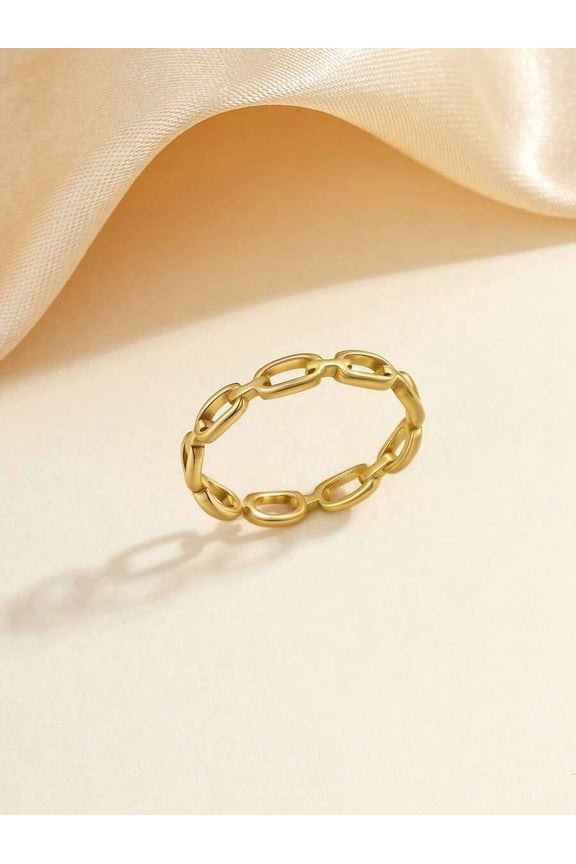 Yellow Gold Stainless Steel Chain Link Ring For Women, Minimalist Hollow Rectangular Design