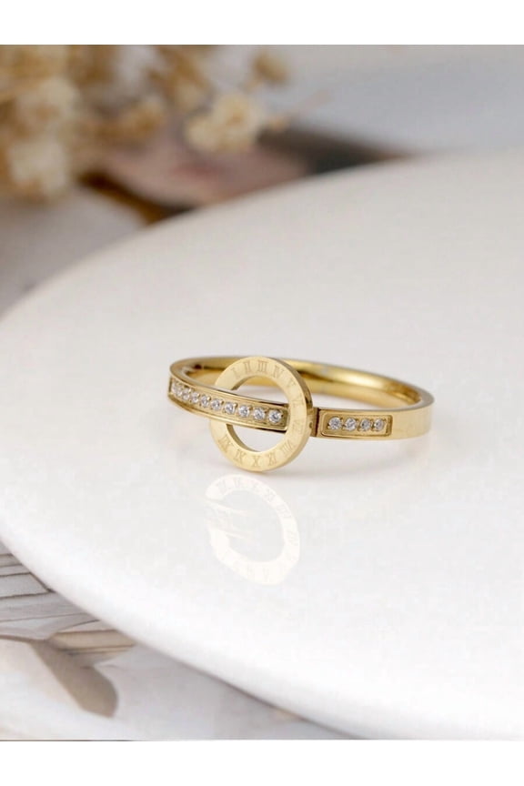 Yellow Gold Stainless Steel Double Ring With Roman Numerals And Micro-Inlaid Rhinestones For Women