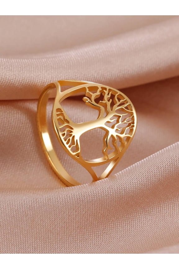 Yellow Gold Stainless Steel Hollow Tree Of Life Ring For Women Talisman Jewelry Gift