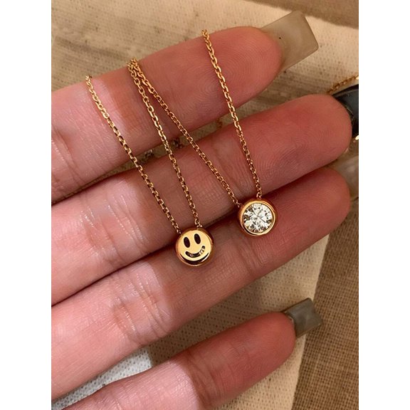 Yellow Gold Stainless Steel Minimalist Smiling Face And Crystal Pendant Necklace