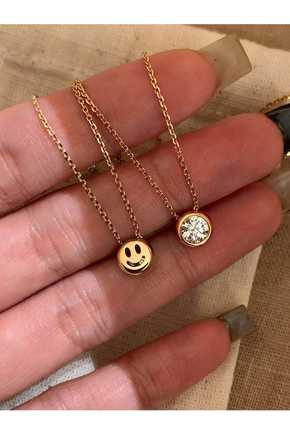Yellow Gold Stainless Steel Minimalist Smiling Face And Crystal Pendant Necklace
