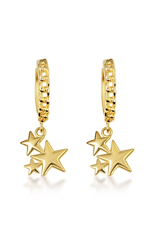 Yellow Gold Star Cluster Cuban Link Huggie Hoop Earrings, 10K