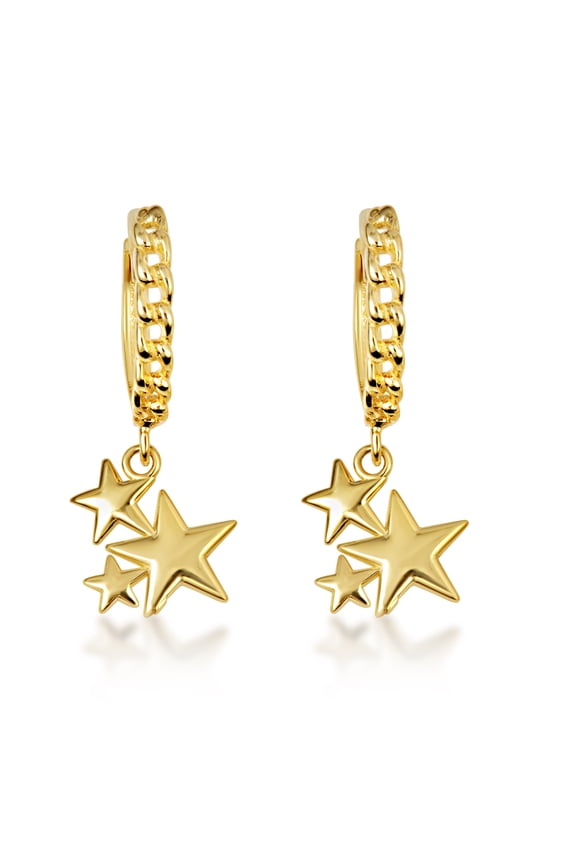 Yellow Gold Star Cluster Cuban Link Huggie Hoop Earrings, 14K