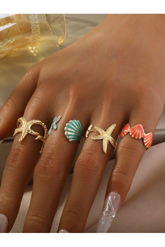 Yellow Gold Starfish & Shell Open Ring Set, Ocean Style Summer Beach Accessories For Women