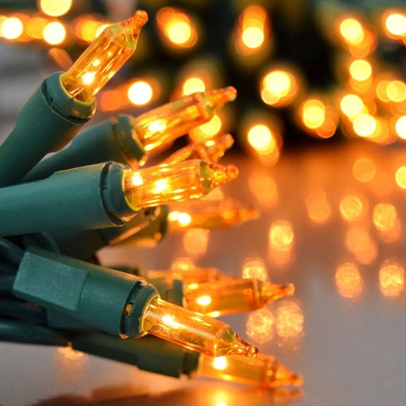 Yellow Gold String Lights Green Wire 24 Ft 100 Count Static Blinking