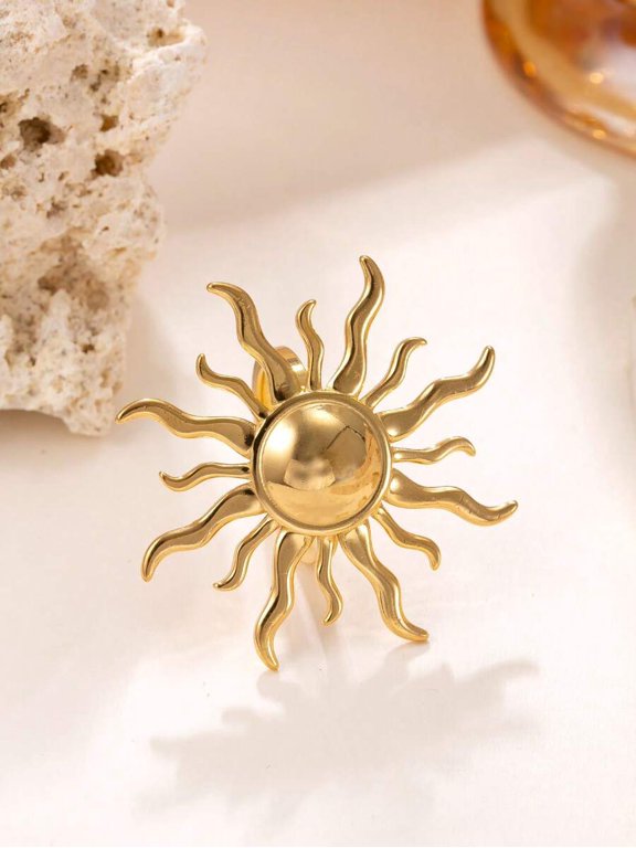 Yellow Gold Sun Shaped Open Ring For Women, Stainless Steel Plated, Beach Vacation Daily Decor