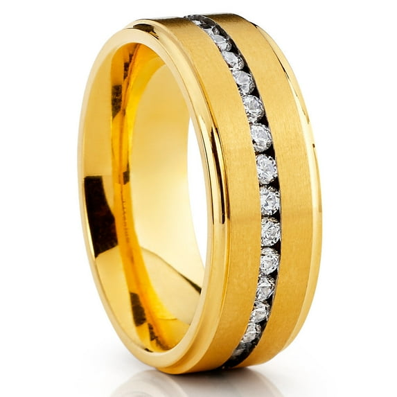 Yellow Gold Titanium Ring,CZ Wedding Ring,Anniversary Ring,8mm Wedding Ring,Unique Wedding Ring,Brush