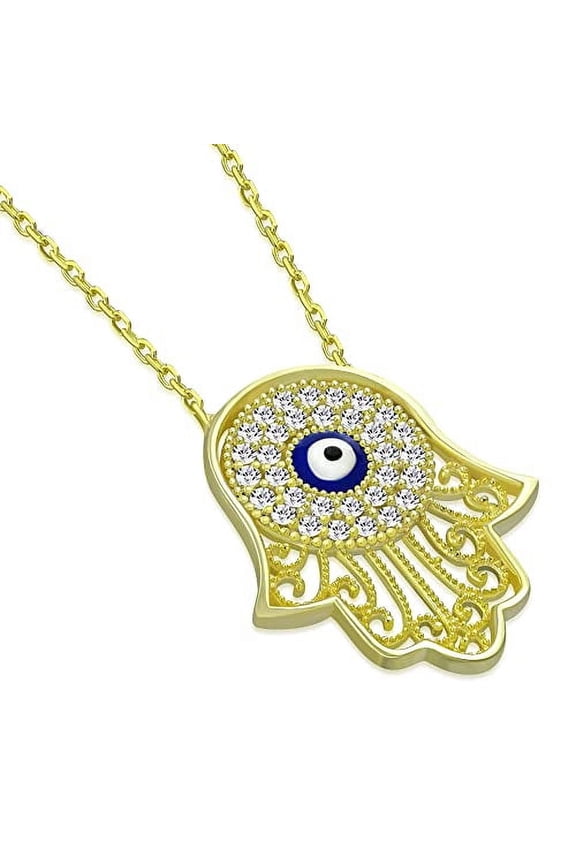925 Sterling Silver Blue Evil Eye Protection Hamsa Pendant Necklace, Cubic Zirconia