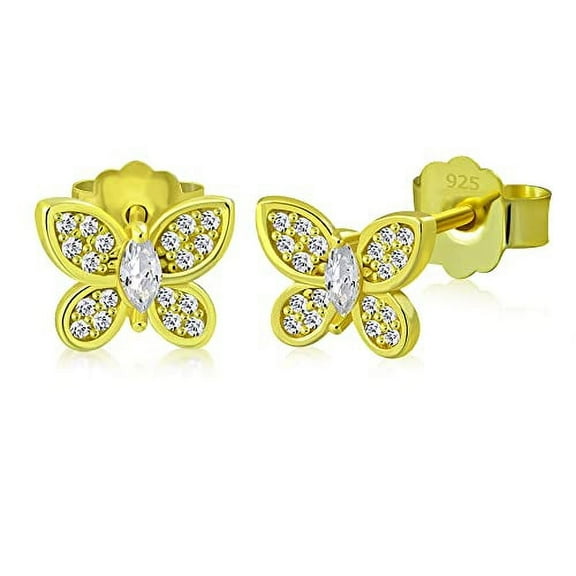 Yellow Gold Tone 925 Sterling Silver Small Butterfly Stud Earrings Cubic Zirconia