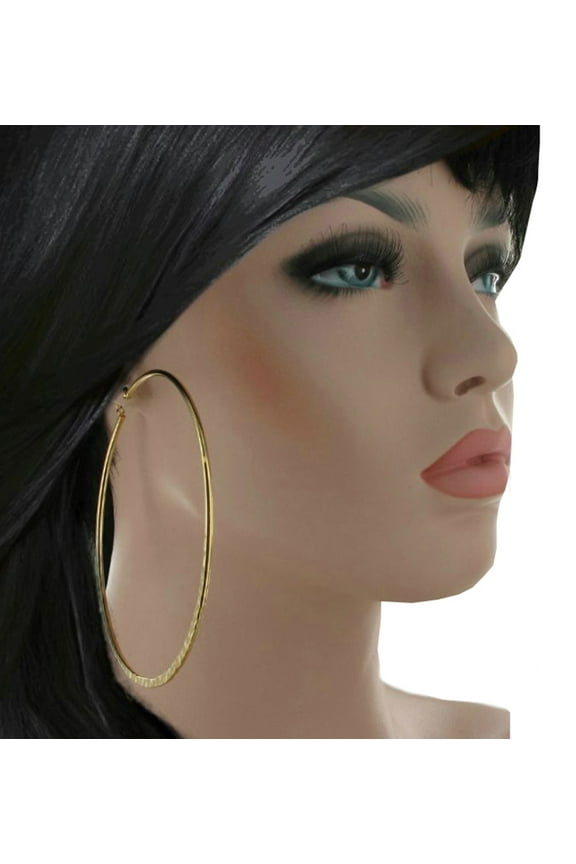 Yellow Gold Tone Mega Pierced Hammered Hoop Earrings Extra Large 3 5/8" Ladies Adult Female