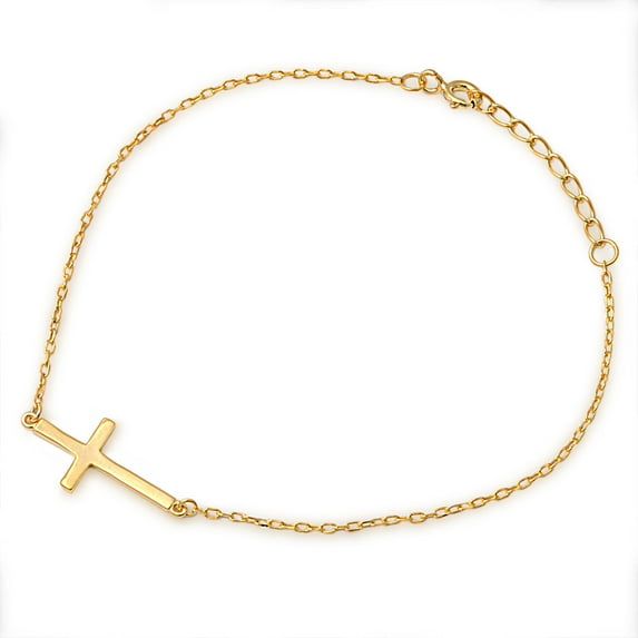 Yellow Gold-Tone Plated Sideway Cross 7" + 1 Extension Charm Bracelet Sterling Silver