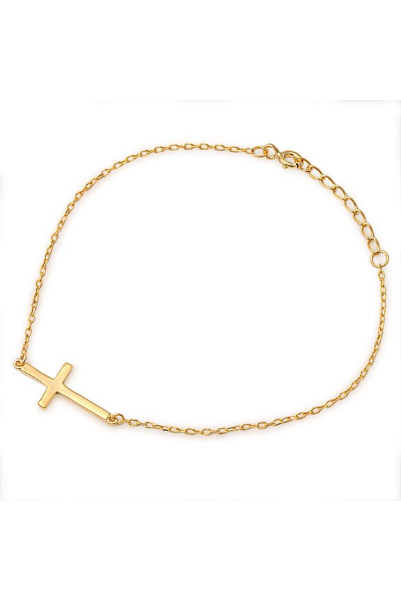 Yellow Gold-Tone Plated Sideway Cross 7" + 1 Extension Charm Bracelet Sterling Silver
