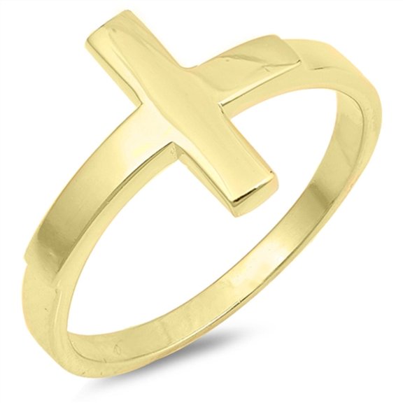 Yellow Gold-Tone Plated Sterling Silver Plain Sideway Cross Ring