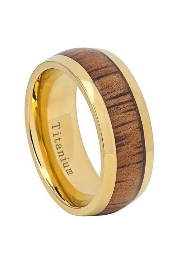 Yellow Gold-Tone Plated Titanium Hawaiian Koa Center Domed Ring Size 10.5