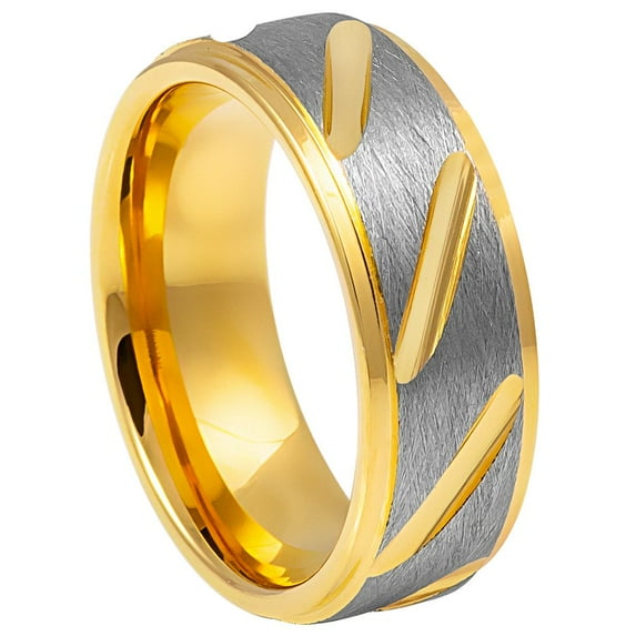Yellow Gold-Tone Plated Tungsten Eternity Notched Desing Ring Size 10.5