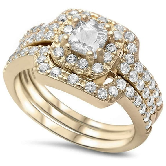 Yellow Gold-Tone Sterling Silver Clear CZ Three Piece Set Ring Size 7