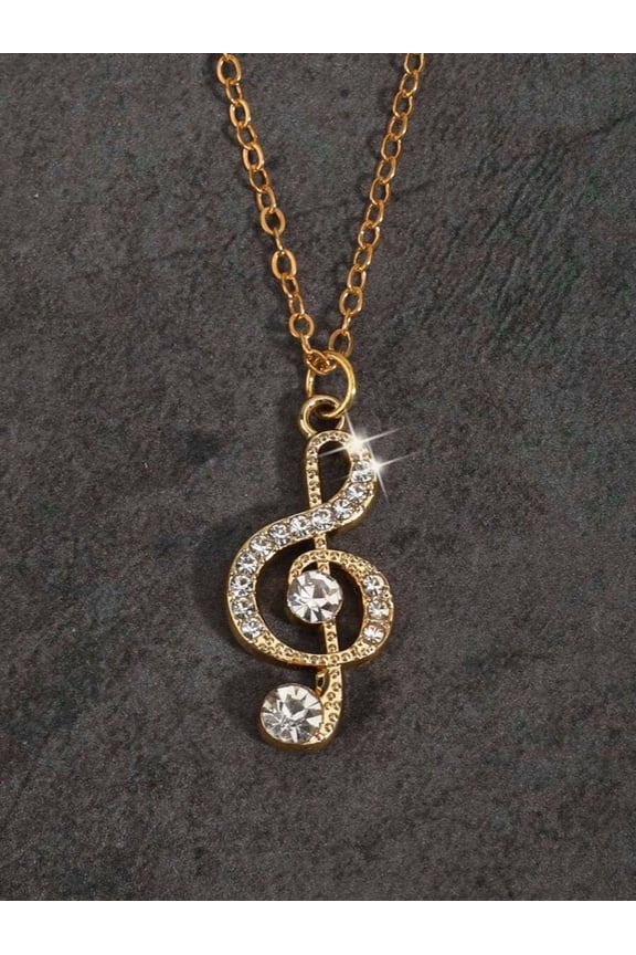 Yellow Gold Treble Clef Pendant Necklace With Crystal Accents For Adults