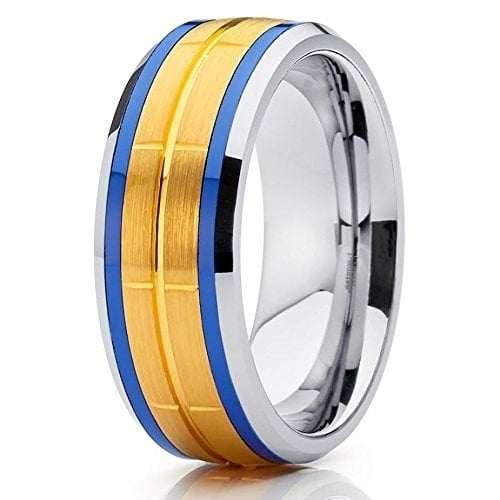 Yellow Gold Tungsten Band Tungsten Wedding Band 8mm Tungsten Carbide Ring Blue Enamel Inlay ...