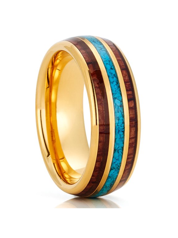 Yellow Gold Tungsten Ring,Koa Wood Wedding Ring,Turquoise Wedding Ring,Engagement Ring,8mm Ring
