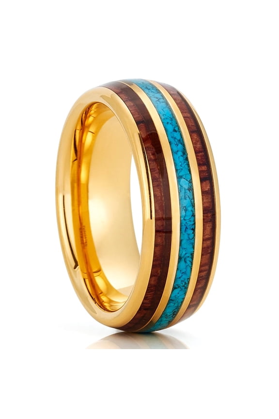 Yellow Gold Tungsten Ring,Koa Wood Wedding Ring,Turquoise Wedding Ring,Engagement Ring,8mm Ring