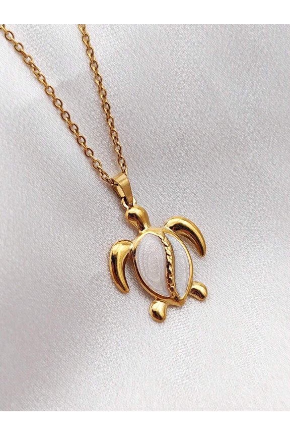 Yellow Gold Turtle Pendant Necklace With White Shell Inlay Stainless Steel Chain
