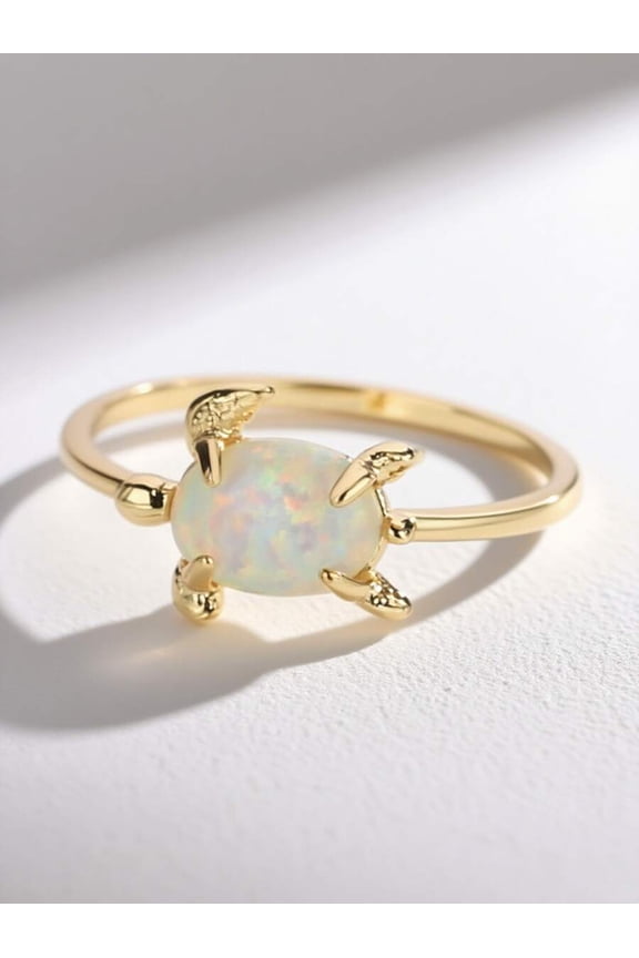Yellow Gold Turtle Ring With White Opal Stone, Delicate Animal Charm Design For Everyday Wear