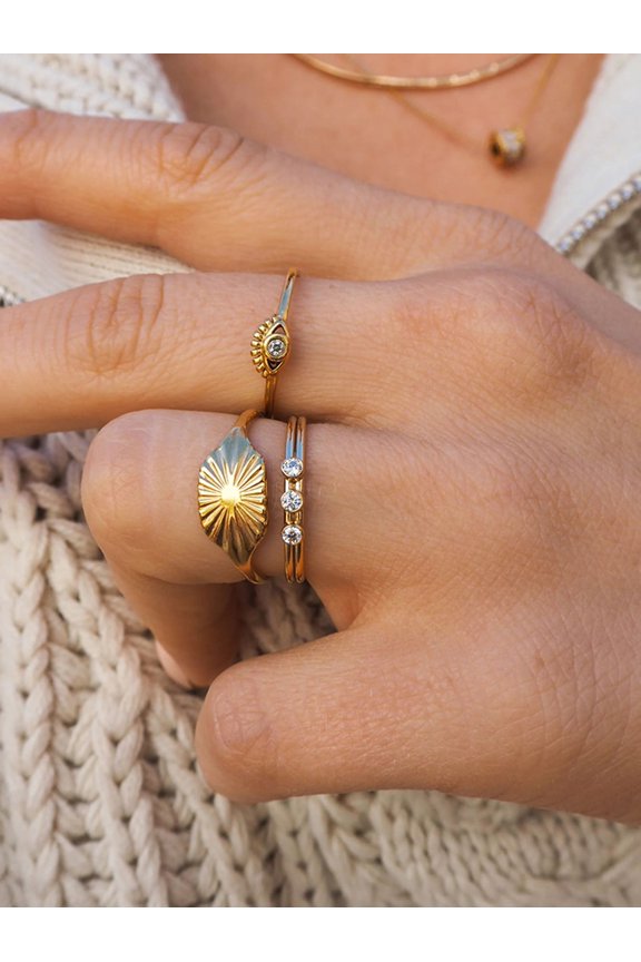 Yellow Gold Vintage Sun Motif Stacking Rings Set With Cubic Zirconia