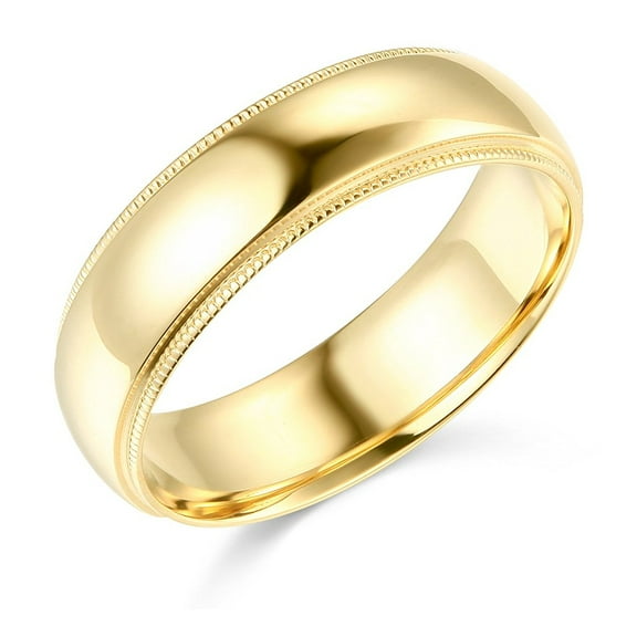 Yellow Gold Wedding Band Solid 14k Plain Ring Milgrain Polished Regular Fit, 6 mm Size 5