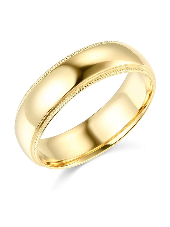 Yellow Gold Wedding Band Solid 14k Plain Ring Milgrain Polished Regular Fit, 6 mm Size 7.5