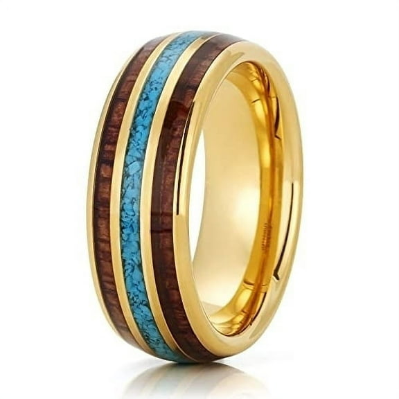 Yellow Gold Wedding Ring,Koa Wood Tungsten Ring,Tungsten Wedding Band,Anniversary Ring,Turquoise Wedding Band,Dome Ring