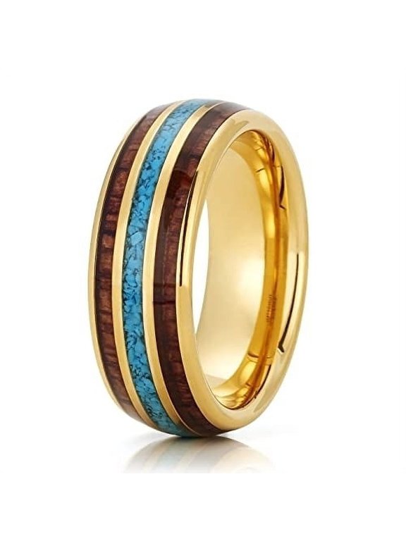 Yellow Gold Wedding Ring,Koa Wood Tungsten Ring,Tungsten Wedding Band,Anniversary Ring,Turquoise Wedding Band,Dome Ring