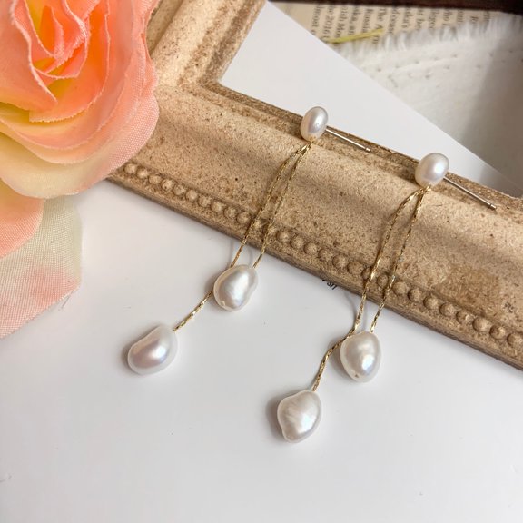 Yellow Gold White Pearl Long Drop Earrings