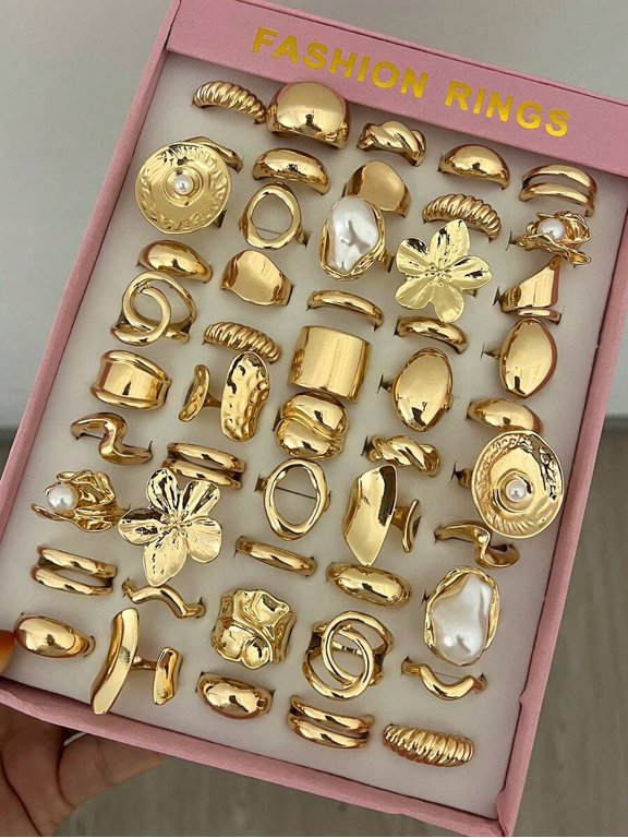 Yellow Gold Womens Fashion Ring Set, Asymmetrical Smooth Geometric Liquid Rings, Exaggerated Vintage Stackable Wide Band Rings