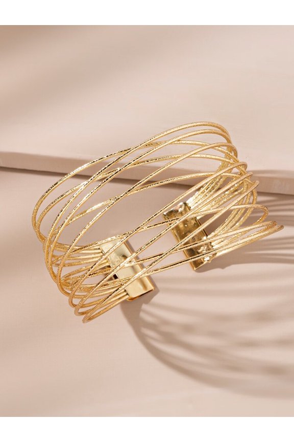 Yellow Gold Womens Multi-Layered Twisted Wire Open Cuff Bangle