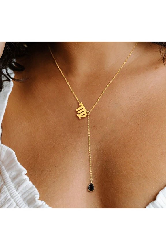 Yellow Gold Zodiac Virgo Pendant Lariat Necklace With Black Onyx Drop