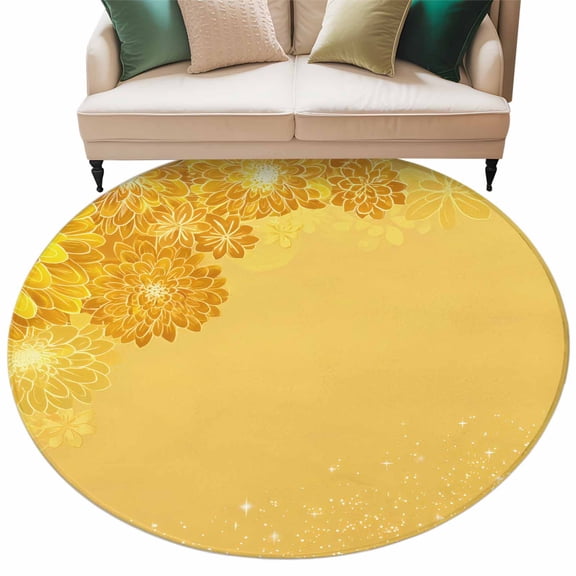 Yellow Golden Floral Large Area Rugs for Bedroom Living Room, Soft Non Slip Carpet Bedside Rug, Spring Summer Shiny Flowers Round Floor Cover Kitchen Accent Rug 5' for Dining Room/Office