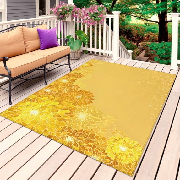 Yellow Golden Floral Outdoor Rug 3x5 Ft, Non Slip Washable Area Rug, Spring Summer Shiny Flowers Patio Rugs Carpet Runner, Large Floor Mat for Indoor/Outdoor Deck Porch Camping