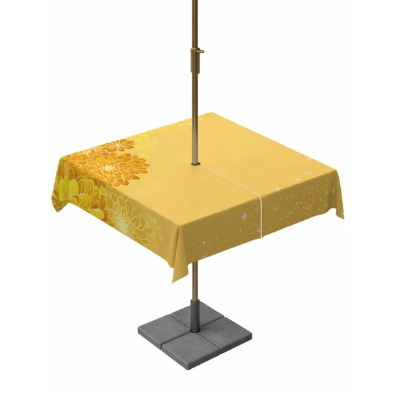 Yellow Golden Floral Outdoor Tablecloth - 54x54 Inch Square Dining Table Cover, Spring Summer Shiny Flowers Waterproof Outdoor Table Cloth with Umbrella Hole & Zipper for Picnic/Patio/Party
