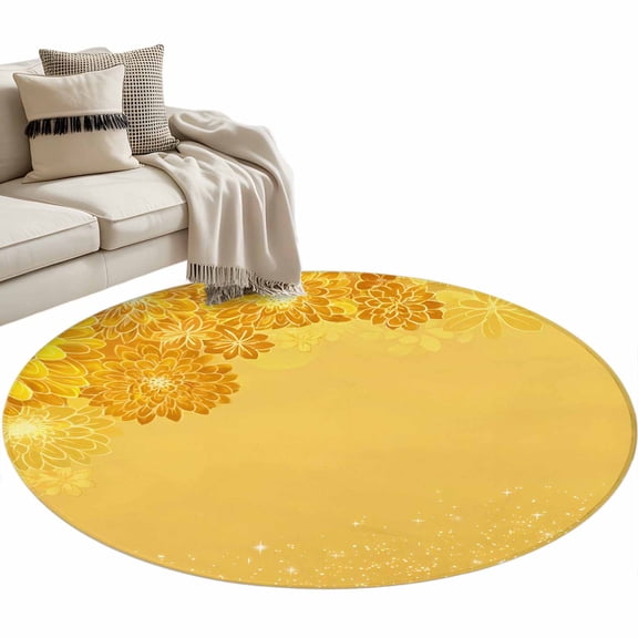 Yellow Golden Floral Round Area Rugs Collection 3', Spring Summer Shiny Flowers Non Slip Indoor Circular Throw Runner Rug Floor Mat Carpet for Living Room Dining Table Bedroom Nursery