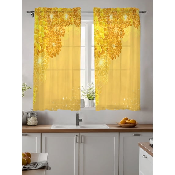 Yellow Golden Floral Sheer Kitchen Tier Curtains 45 Inch length,Rod Pocket Half Curtains & Drapes,Spring Summer Shiny Flowers Light Filtering Cafe Bathroom Window Treatments 2 Pcs 27.5"W x 45"L