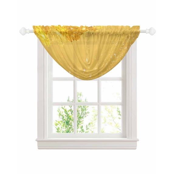 Yellow Golden Floral Sheer Waterfall Valance Curtains for Window, Spring Summer Shiny Flowers Rod Pocket Sheer Topper Swag Curtains for Living Room, Kitchen 38.5"W x 47.2"L, 1 Panel