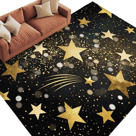 Yellow Golden Stars Area Rug 5x7 Washable Rug Non Slip Black Shining Sparks Star Starry Sky Large Area Rug Soft Stainresistant Indoor Floor Carpet for Living Room Bedroom Office Dining Room Nursery