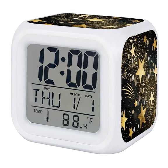 Yellow Golden Stars Digital Alarm Clock for Bedrooms,Smart LED Alarm Clock with 7 Color Changing Night Light,Black Shining Sparks Star Starry Sky Silent Wake Up Clocks for Sleep Study 3.2"x3.2"