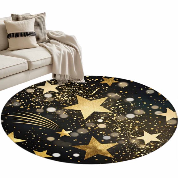 Yellow Golden Stars Round Rug 3ft Washable Circle Entryway Rugs Non Slip Black Shining Sparks Star Starry Sky Area Rug Indoor Floor Carpet for Bedroom Kitchen Living Room Office Dining Room Nursery