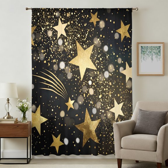 Yellow Golden Stars Sheer Curtains 108" Extra Long for Living Room, Black Shining Sparks Star Starry Sky Light Filtering Privacy Drapes, Semi Sheer Window Treatment for Floor to Ceiling Window